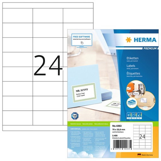 [817489] Etiket HERMA 4263 70x33.8mm premium wit 2400 stuks