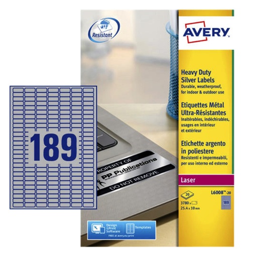 [817518] Etiket Avery L6008-20 25.4x10mm zilver 3780 stuks