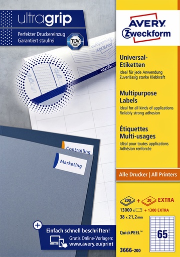[817777] Etiket Avery 3666-200 38x21.2mm wit 13000 stuks