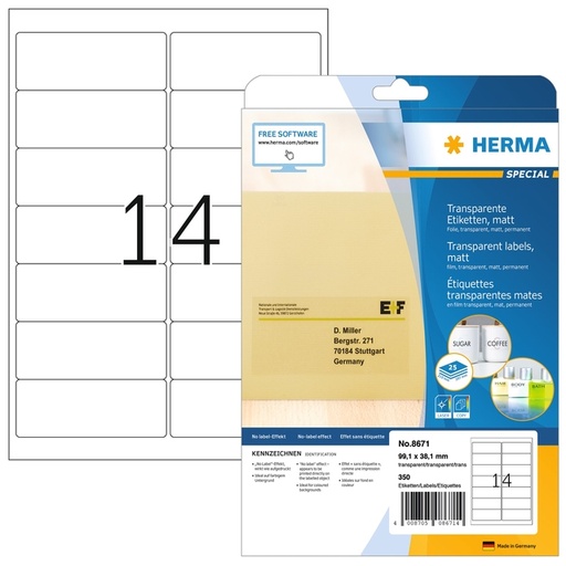 [1000121] Etiket HERMA 8671 A4 99.1x38.1mm folie transparant mat 350 stuks