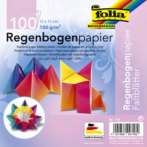[1386924] Vouwblaadjes Folia 100gr 15x15cm 100 vel regenboog