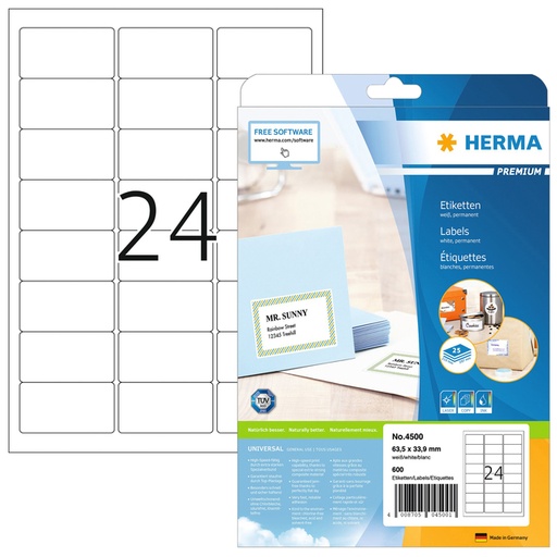[1388580] Etiket HERMA 4500 A4 63.5x33.9mm premium wit 600 stuks