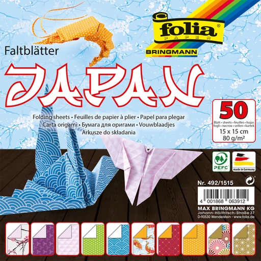 [1407601] Vouwblaadjes Folia 80gr 15x15cm 50 vel 2-zijdig Japan 10 designs ass