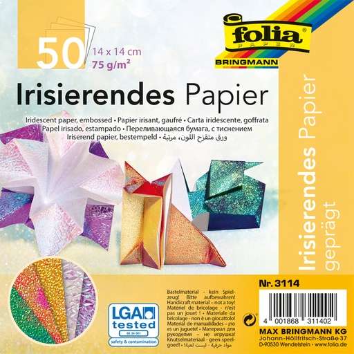 [1407615] Vouwblaadjes Folia 75gr 14x14cm 50 vel 2zijdig iriserend embossing ass