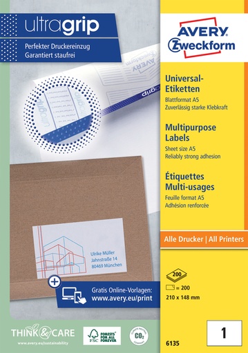 [1419961] Etiket Avery 6135 210x148mm wit 200 stuks
