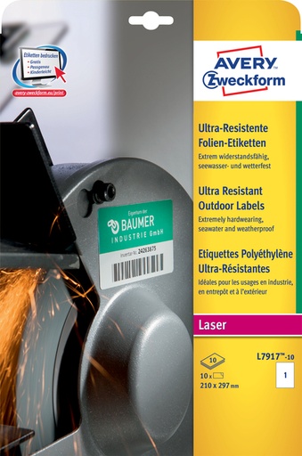 [1419994] Etiket Avery L7917-10 210x297mm polyethyleen wit 10 stuks