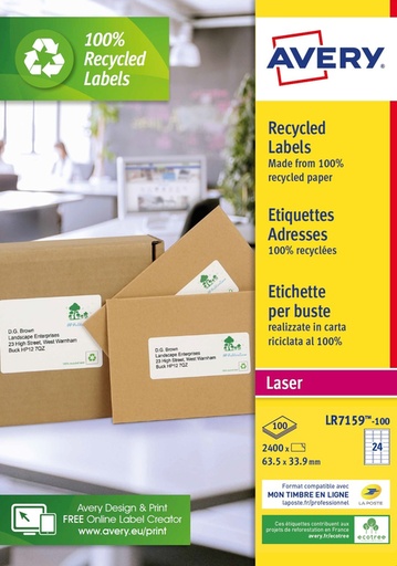 [1420004] Etiket Avery LR7159-100 63.5x33.9mm recycled wit 2400 stuks