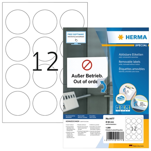 [1423685] Etiket HERMA 4477 60mm verwijderbaar wit 1200 stuks