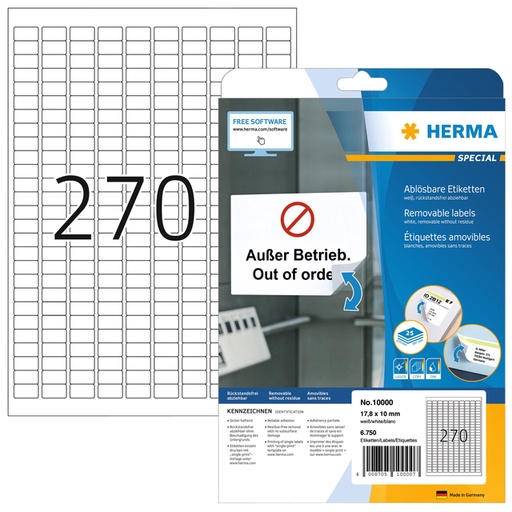 [1423688] Etiket HERMA 10000 17.8x10mm verwijderbaar wit 6750 stuks