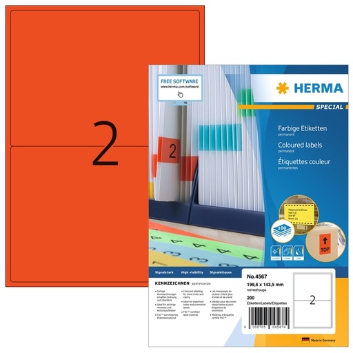 [1431156] Etiket HERMA 4567 199.5x143.5mm rood 200 stuks