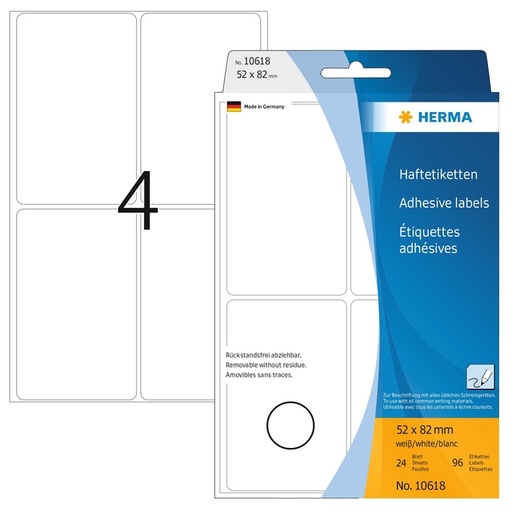 [816910] Etiket HERMA 10618 52x82mm verwijderbaar wit 96 stuks