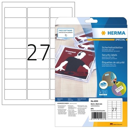 [1436327] Veiligheidsetiket HERMA 4233 63.57x29.6mm wit 675 stuks