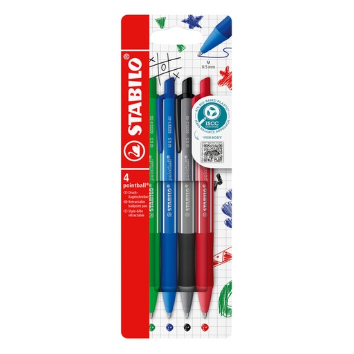 [1439202] Balpen STABILO pointball colorful medium assorti blister à 4 stuks