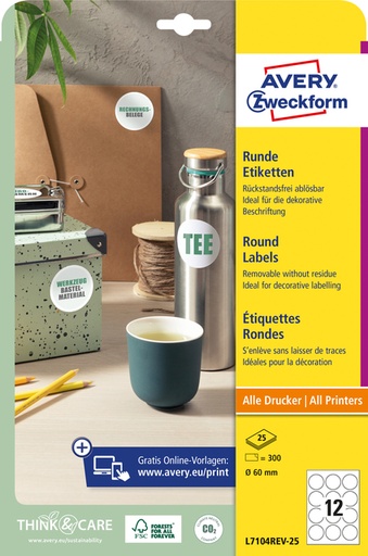 [1467605] Etiket Avery L7104REV-25 60mm wit 300 stuks