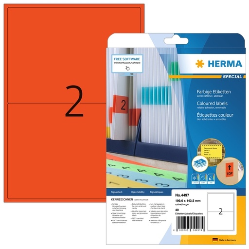 [1467765] Etiket HERMA 4497 199.6x143.5mm verwijderbaar rood 40 stuks