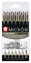 Fineliner Sakura Pigma Micron 6 schrijfbreedtes en brushpen zwart
