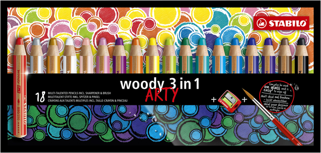 Kleurpotloden STABILO 880 woody 3 in 1 Arty + slijper+penseel ass 18st
