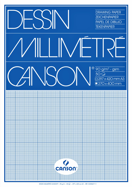 Millimeterpapier Canson lichtblauw bedrukt 50vel 72gr A3 wit