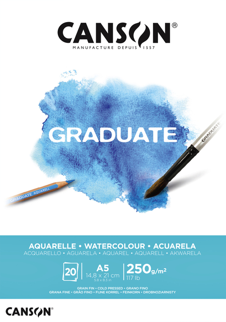 Aquarelpapier Canson Graduate Watercolour 20vel 250gr A5 natuurlijk wit