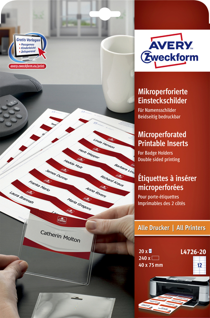 Badgekaart Avery L4726-20 40x75mm microperforatie 20 vel