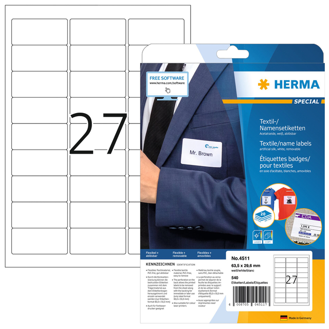 Naambadge etiket HERMA 4511 63.5x29.6mm wit 540 stuks