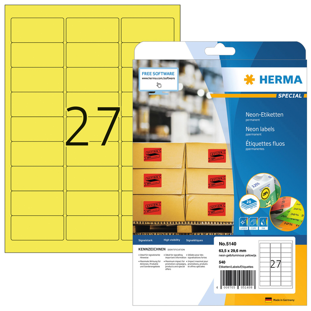 Etiket HERMA 5140 63.5x29.6mm neon geel 540 stuks
