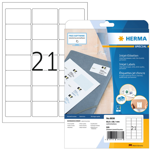 Etiket HERMA 8838 63.5x38.1mm mat wit 525 stuks