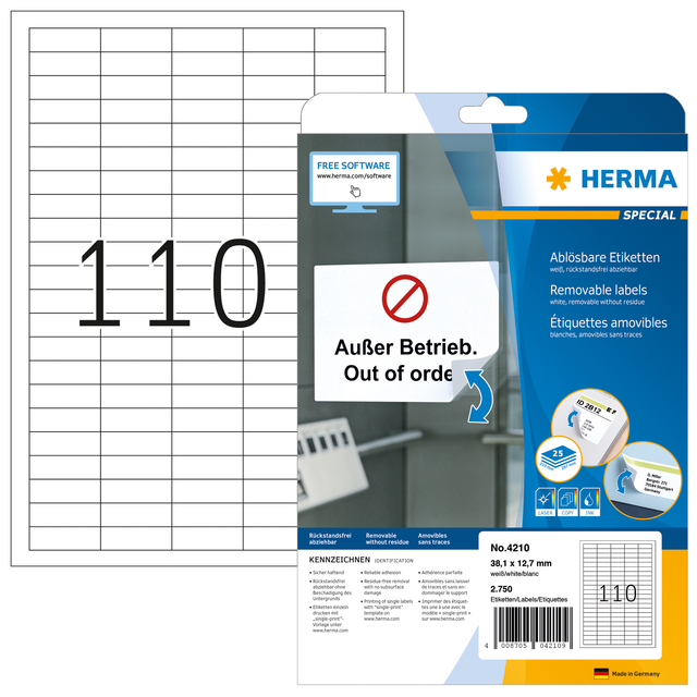 Etiket HERMA 4210 38.1x12.7mm verwijderbaar wit 2750 stuks
