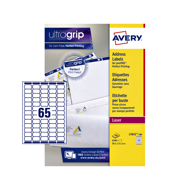 Etiket Avery L7651-100 38.1x21.2mm wit 6500 stuks