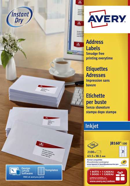 Etiket Avery J8160-100 63.5x38.1mm wit 2100 etiketten