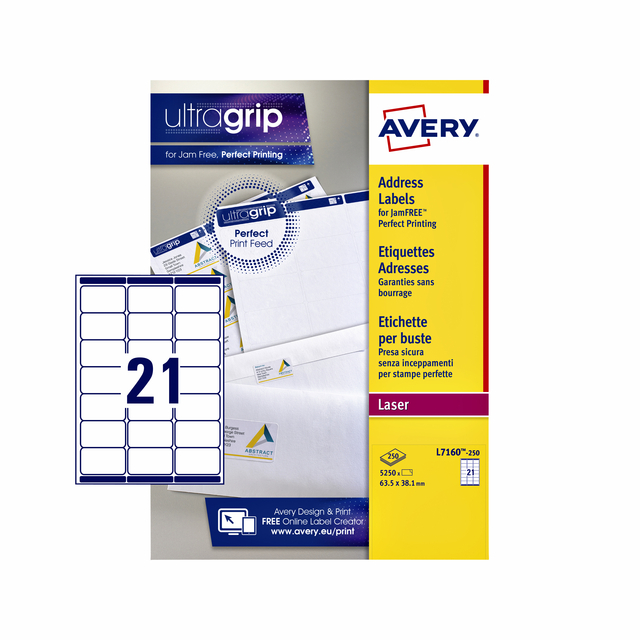 Etiket Avery L7160-250 63.5x38.1mm wit 5250 stuks