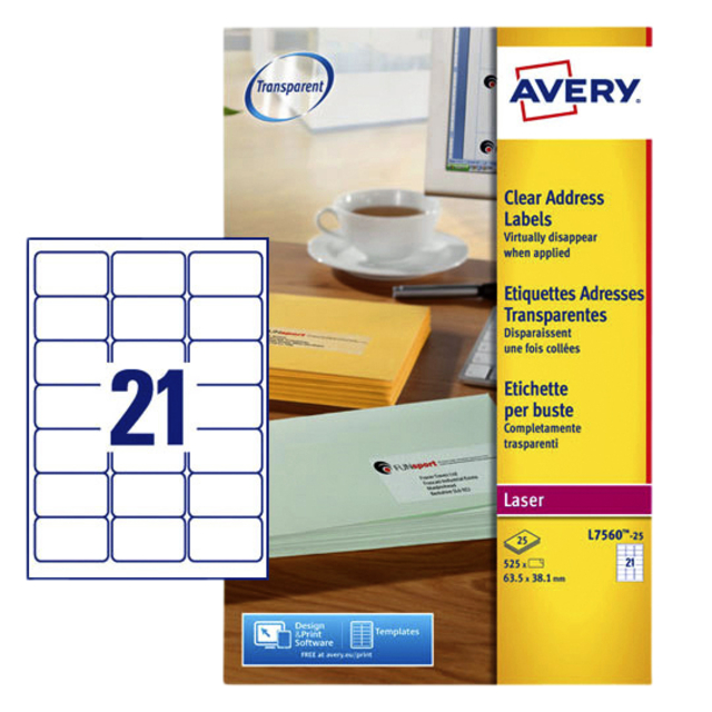 Etiket Avery L7560-25 63.5x38.1mm transparant 525stuks