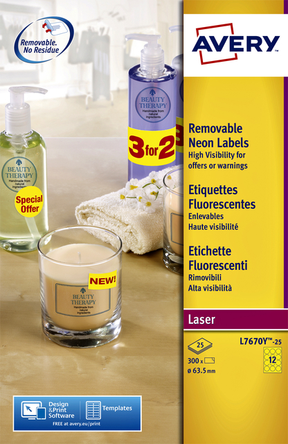 Etiket Avery L7670-25 63.5mm rond neon geel 300 etiketten