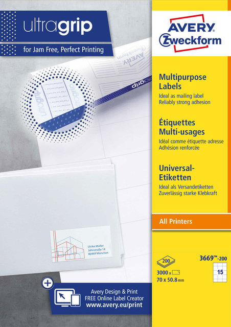 Etiket Avery Zweckform 3669-200 70x50.8mm wit 3000stuks