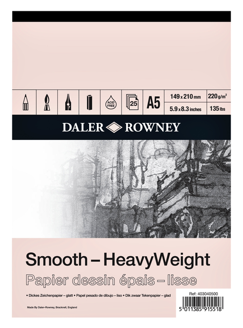 Tekenpapier Daler-Rowney Smooth Heavyweight 220gr A5 natuurlijk wit