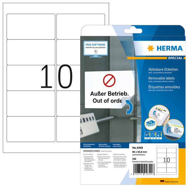 Etiket HERMA 4349 A4 96x50.8mm verwijderbaar wit 250 stuks