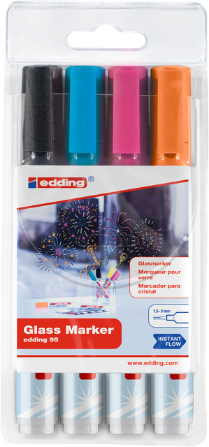 Viltstift edding 95 glasbord rond 1.5-3mm inclusief zwart assorti 4 stuks
