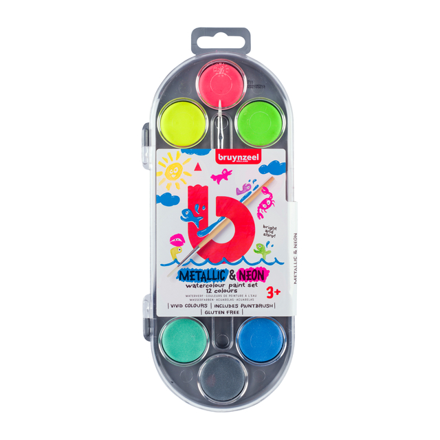 Waterverfset Bruynzeel Kids met penseel set à 12 metallic- en neonkleuren