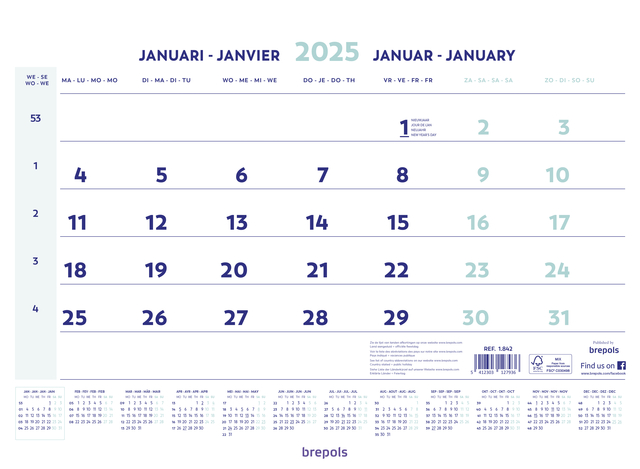 1-Maandskalender 2026 Brepols 43x31.5cm