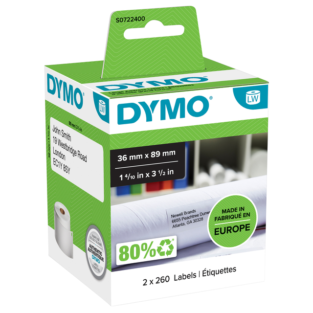 Etiket Dymo LabelWriter adressering 36x89mm 2 rollen á 260 stuks wit