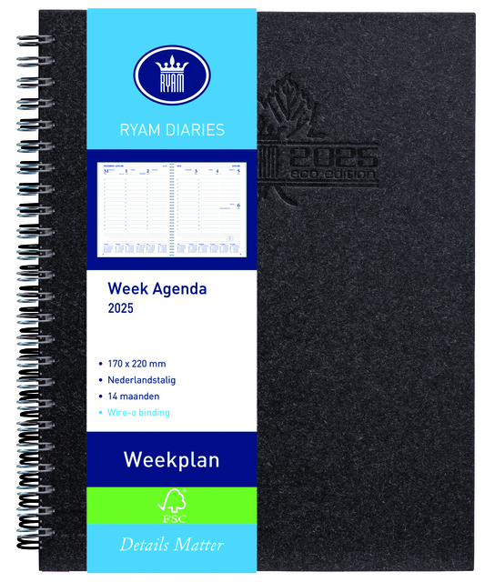 Agenda 2026 Ryam Weekplan Wire-o 7dagen/2pagina's zwart