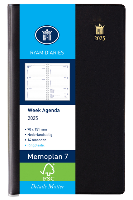 Agenda 2026 Ryam Memoplan 7 Suprema ringplastic 7dagen/2pagina's zwart