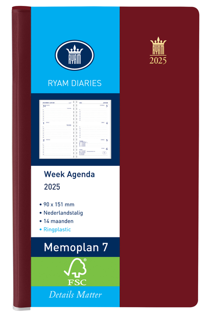 Agenda 2026 Ryam Memoplan 7 Suprema ringplasic 7dagen/2pagina's bordeaux