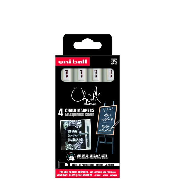 Krijtstift Uni-ball chalk rond 1.8-2.5mm wit 4 stuks