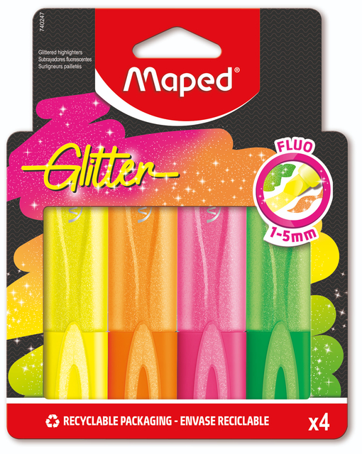 Markeerstift Maped Glitter set à 4 fluoriserende kleuren