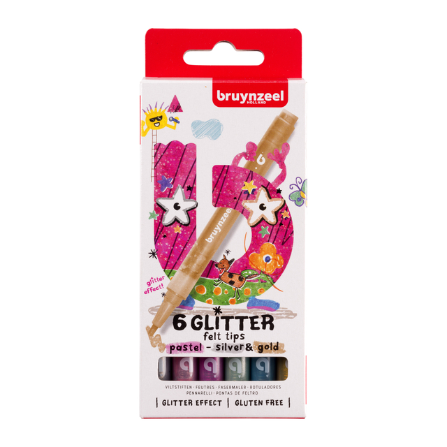 Viltstift Bruynzeel Kids pastel zilver goud set à 6 glitterkleuren