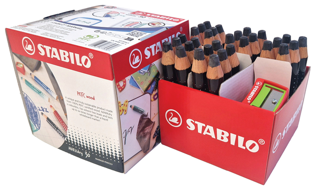 Whiteboardpotlood STABILO MARKdry incl 2 slijpers zwart classpack 30st
