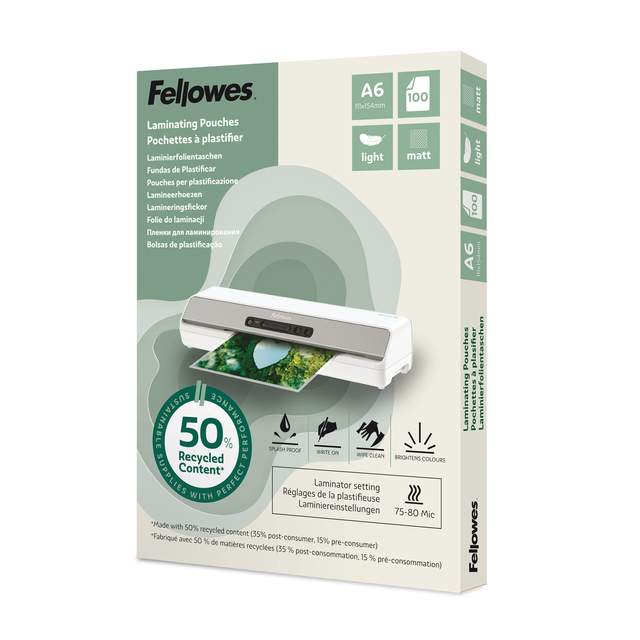 Lamineerhoes Fellowes A6 light 50% gerecycled mat 100stuks