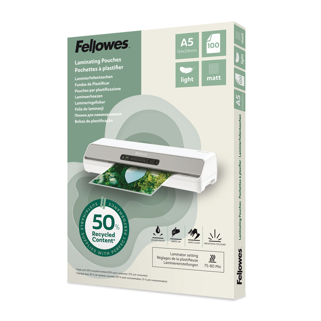 Lamineerhoes Fellowes A5 light 50% gerecycled mat 100stuks