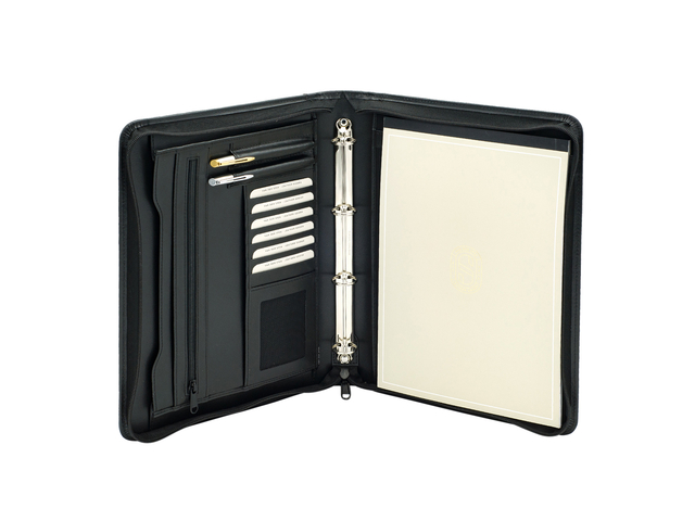 Schrijfmap van der Spek A4 4R 25mm O-mech rits rundleer met nerf zwart